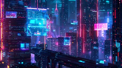 Obraz premium Cyberpunk Cityscape with Neon Lights and Digital Displays