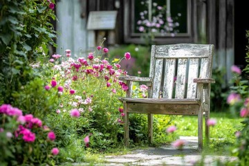 Naklejka premium Rustic wooden chair surrounded by vibrant flowers in a sunny summer garden setting
