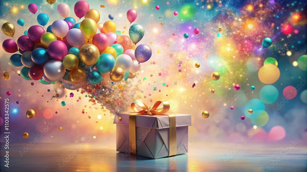 Poster A Magical Burst of Colorful Balloons Exploding from a Wrapped Gift Box on a Sparkly Background