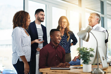 Business people, web design and funny with group, teamwork or laughing in office. Employees, online...
