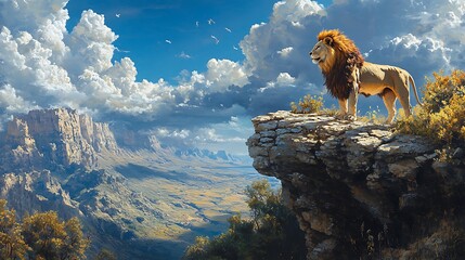 Majestic lion roaring on cliffside nature landscape dramatic view