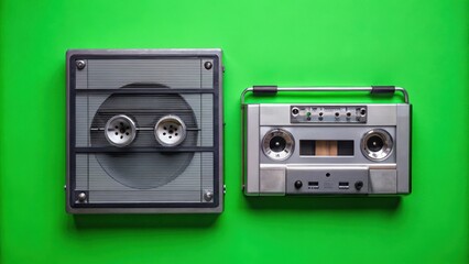 Obraz premium A Vintage Reel-to-Reel Tape Recorder and a Compact Cassette Player Side by Side on a Green Background