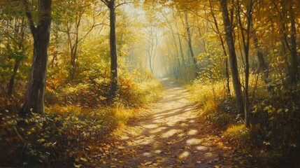 Obraz premium A forest trail covered in autumn leaves, with soft golden sunlight filtering through the trees
