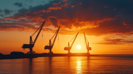 Obraz premium Three cranes are in the water with the sun setting behind them