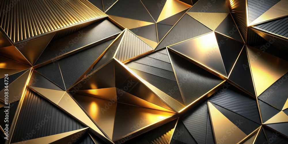 Fototapete abstract geometric pattern of interlocking black and gold triangles with metallic sheen and subtle t
