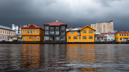 Obraz premium A row of houses are on the water with the water reflecting the houses