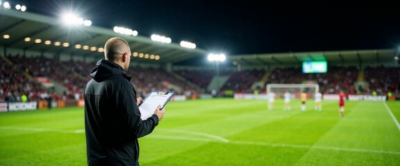 Coach analyzing game in illuminated stadium at night