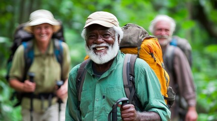 A group of older friends on a nature trail, each with hiking gear and smiles