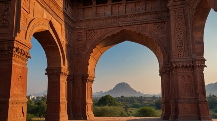 Fototapeta premium Red sandstone archway framing a distant mountain range at sunset.