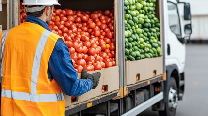 A man in an orange vest is loading tomatoes and cucumbers into a truck