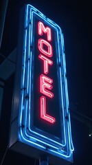 Vintage Blue Neon Motel Sign Glowing in Nighttime Darkness