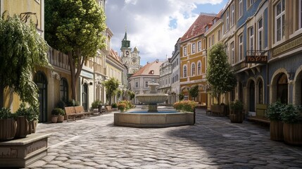 Obraz premium A historical city center with cobblestone streets, classic architecture, and a fountain in the middle