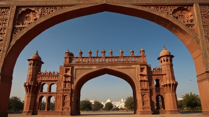 Obraz premium Here's a description and keywords for your image.. Ornate sandstone archway framing distant white palace under a clear blue sky.