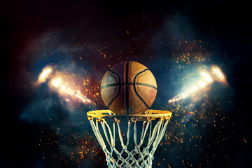 Basketball ball and basket close up banner on fire background. Template for bookmaker ads with copy space. Mockup for betting advertisement.