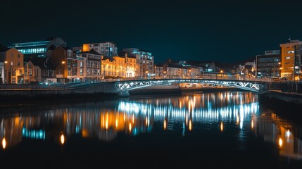 Fototapeta premium A modern city bridge lit up at night, with buildings and reflections on the water