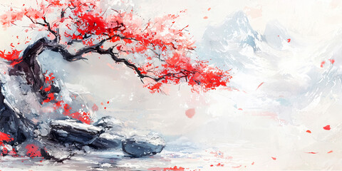 Traditional eastern art. Ink painting. Zen. ancient scroll. Fantasy landscape panorama. Background wallpaper, poster, invitation, flyer, banner, email, header, social media post. Generative Ai content