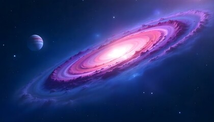 Obraz premium A mesmerizing scene of a vast galaxy, with swirling nebula clouds in shades of blue, purple, and pink, scattered stars, and distant planets glowing softly