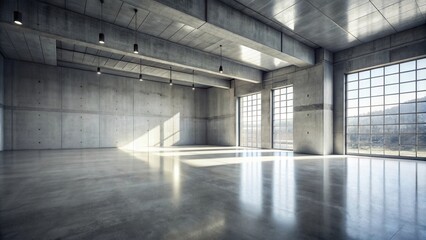 Fototapeta premium Spacious industrial interior with concrete walls and large windows reflecting sunlight on the polished floor