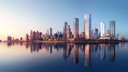 Fototapeta premium A panoramic view of a coastal city with tall buildings and a waterfront reflecting in calm water