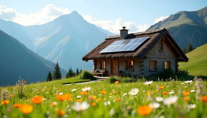 Fototapeta premium A charming off-grid house in the mountains, featuring a thatched roof and solar panels, surrounded by alpine meadows filled with flowers