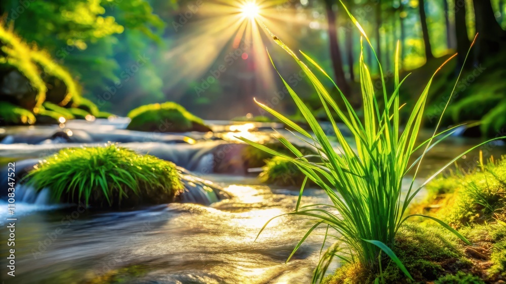 Aufkleber sunlight illuminates a verdant patch of grass growing on the edge of a tranquil stream