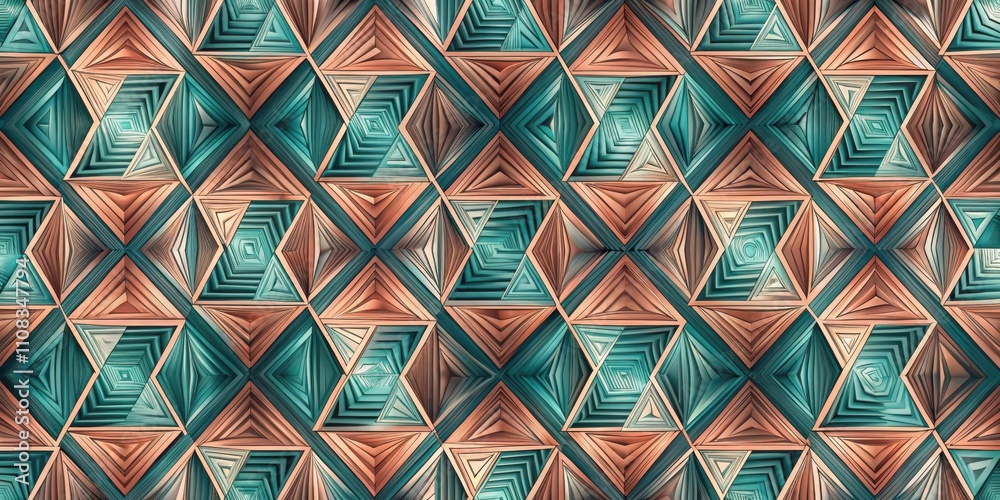 Poster Intricate Geometric Pattern Featuring Interlocking Triangles and Squares in Shades of Teal and Orange