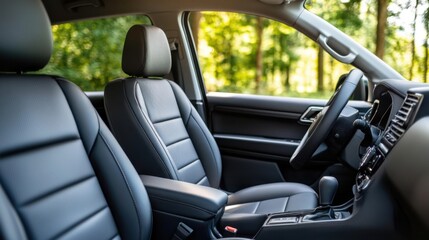 Modern Black Leather Interior of a Luxury SUV Showcasing Ergonomic Design and Spacious Cabin Ideal for Comfortable Driving Experience in Nature