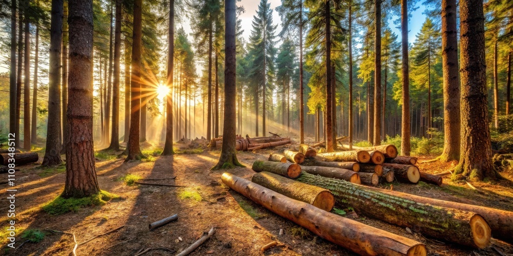 Aufkleber sunbeams filtering through a dense forest, illuminating a pile of freshly cut logs, casting long sha