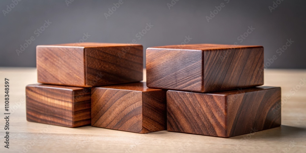 Poster Stacked Wooden Blocks with Intricate Grain Patterns, Representing Growth, Stability, and Building a Solid Foundation