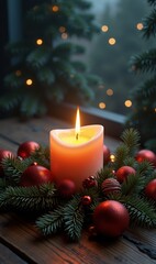 A glowing candle surrounded by festive decorations, evoking a warm and cozy holiday atmosphere perfect for Christmas and seasonal themes.