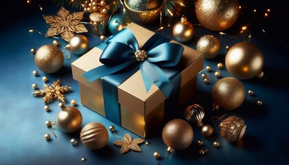 Elegant Gold Gift Box with Blue Ribbon Surrounded by Festive Ornaments on a Blue Backdrop