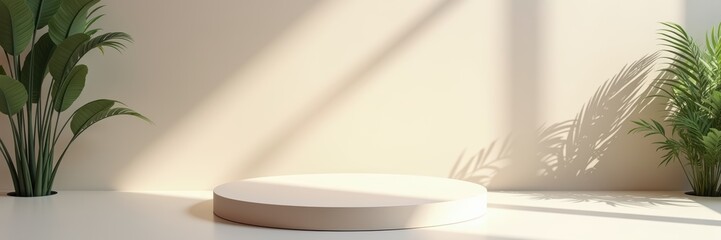 A minimalist display stage with soft sunlight and greenery, perfect for showcasing products, art, or presentations in a tranquil setting.