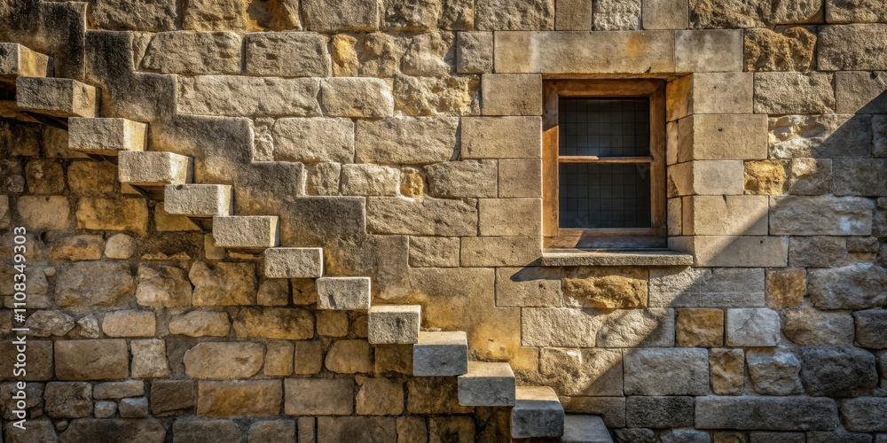 Poster a stone wall with a small window and a set of stone steps leading up to it, showcasing the intricate