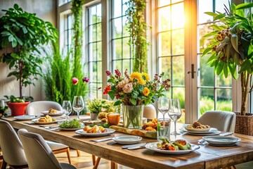 Fototapeta premium Minimalist Interior Design, Natural Light, Botanical Accents, Food Photography