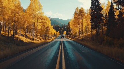 Fototapeta premium A scenic drive through autumn foliage with trees glowing in golden colors