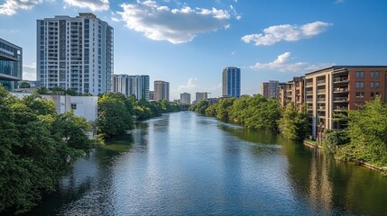 Fototapeta premium A scenic view of a river running through a city with modern buildings on both sides