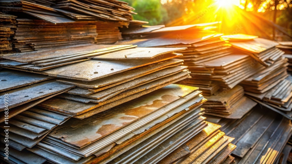 Poster A stack of metal sheets bathed in the golden glow of the setting sun.  The metallic surface reflects the warm light, creating a dramatic interplay of light and shadow.
