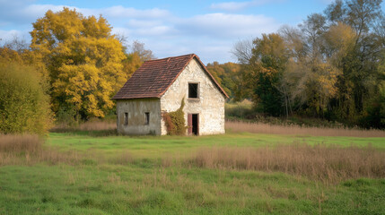 A charming rustic abandoned house with a red tiled roof and ivy-covered walls stands in a lush grassy field, surrounded by vibrant autumn trees under a bright blue sky