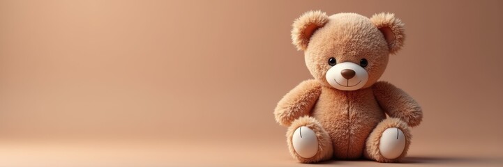 Obraz premium A cute, plush teddy bear against a warm, neutral background, perfect for children's products, nursery décor, or festive marketing campaigns.