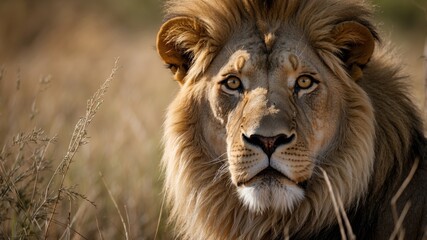 Majestic lion resting in tall grass during golden hour in the savannah landscape