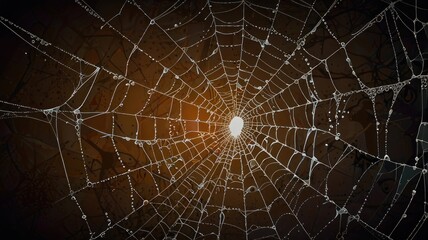Obraz premium Dew-covered spiderweb with light at its center, creating a tunnel effect.