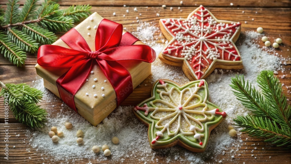 Poster a christmas gift wrapped in red ribbon and adorned with white dots sits on a wooden table surrounded