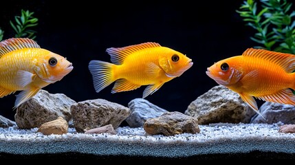 Three Orange Cichlids in Aquarium  Tropical Fish  Underwater Scene