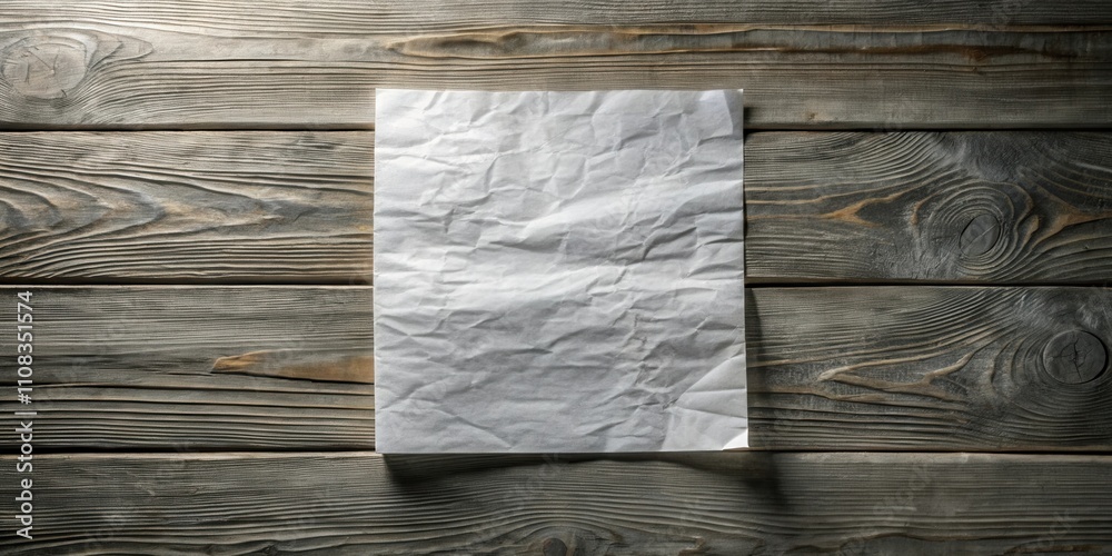 Poster a crumpled white sheet of paper rests upon a rustic wooden surface, waiting to be filled with though