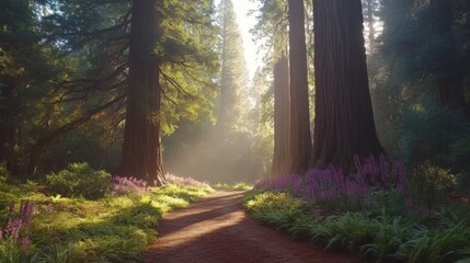 Sunbeams Illuminating a Path Through a Redwood Forest