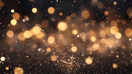Obraz premium Radiant Golden Sparkles Glitter and Bokeh Lights on Dark Background for festive, Holidays, Banner