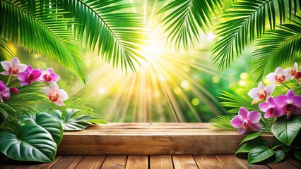 Obraz premium Tropical Paradise A Wooden Platform Surrounded by Lush Greenery and Delicate Orchids, Bathed in Warm Sunlight