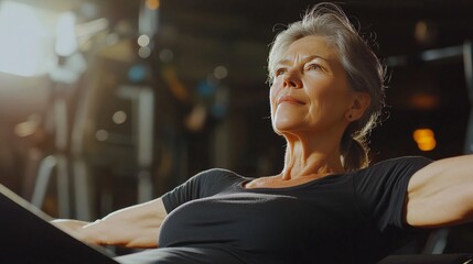 A senior woman practicing pilates in a gym, focusing on core strength and flexibility