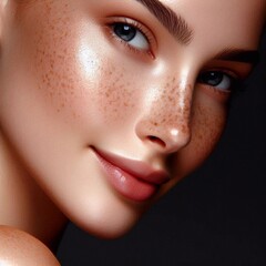 Naklejka premium Close-Up Portrait of a Woman Highlighting Natural Beauty with Clear Skin and Freckles
