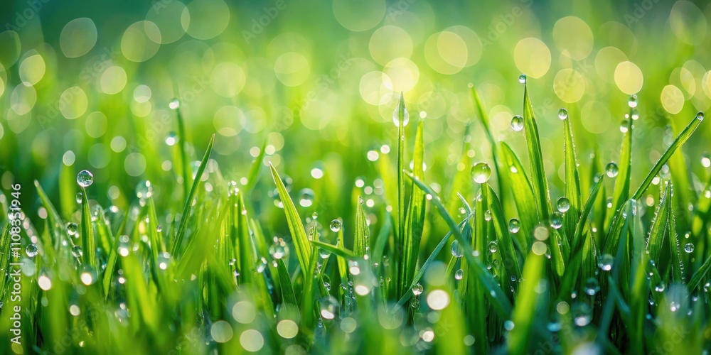 Poster close-up of dew drops on lush green grass blades with a soft bokeh background